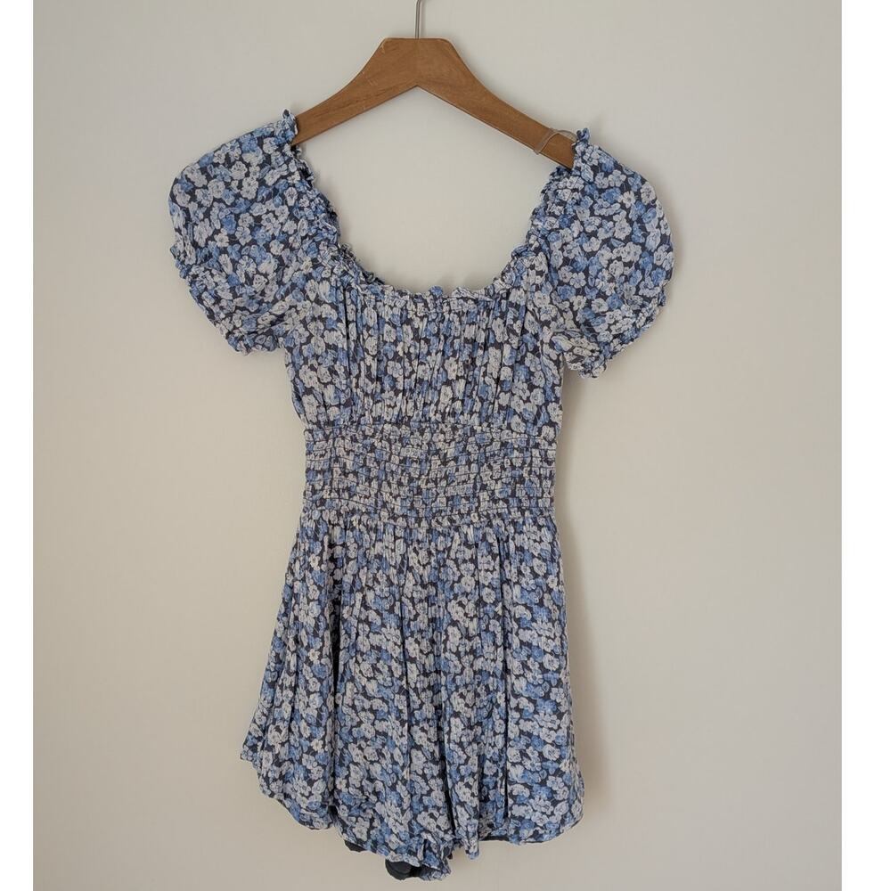 Hollister Blue Floral Square Neck Babydoll Romper (XS) Coquette Soft Girl Y2K